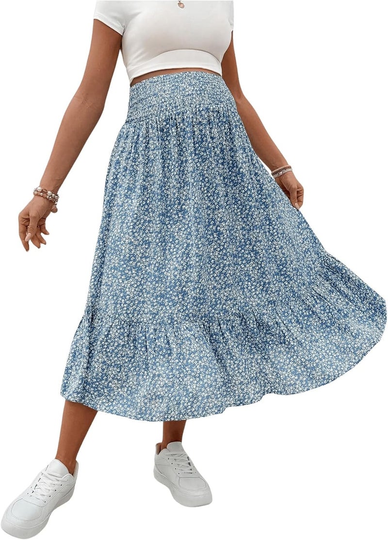OYOANGLE Women's Maternity Floral Print Boho Midi Skirt Shirred High Waisted Flowy Casual Pregnancy Long Skirts - Image 1